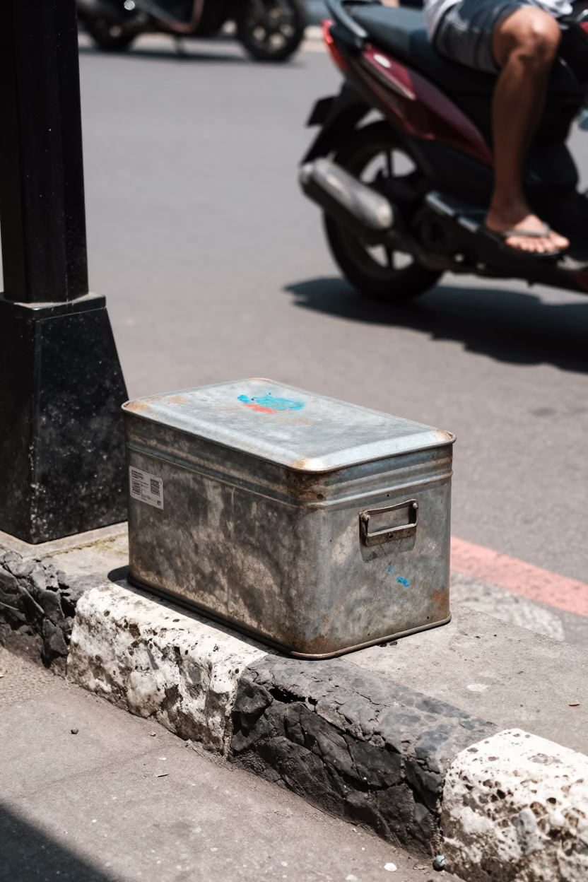 Denpasar Indonesia midday street scene with tin box and paint flecks on tile grout in in Denpasar, Indonesia