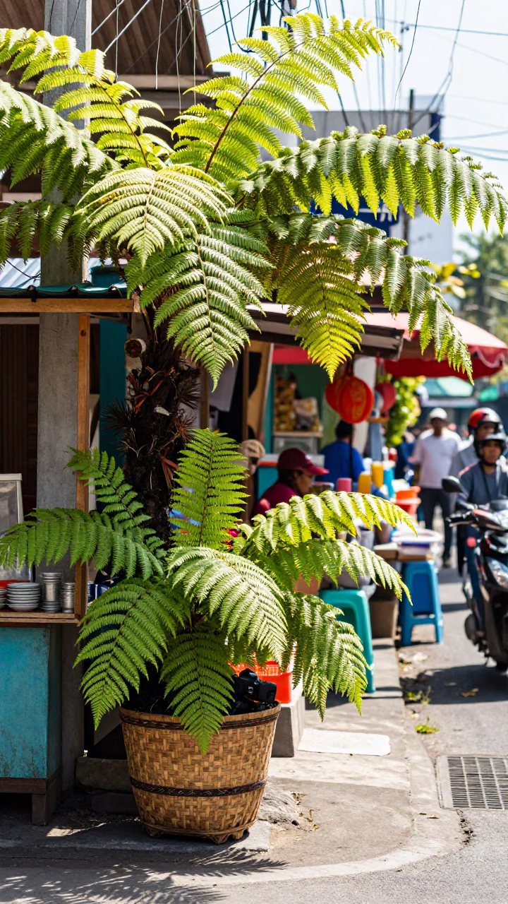 Denpasar Indonesia Morning Street Scene with Tropical Ferns and Local Market Activity in in Denpasar, Indonesia
