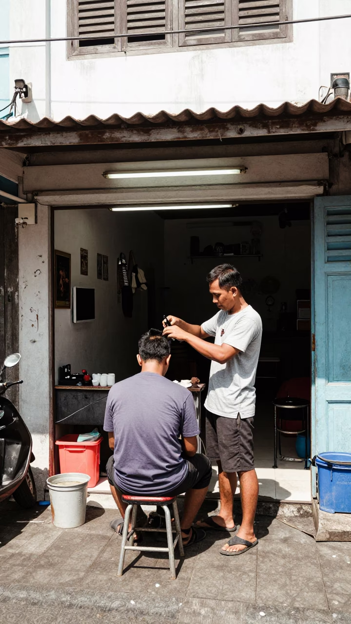 Denpasar Indonesia noon street scene with barber cutting hair and cement mixer construction site in in Denpasar, Indonesia