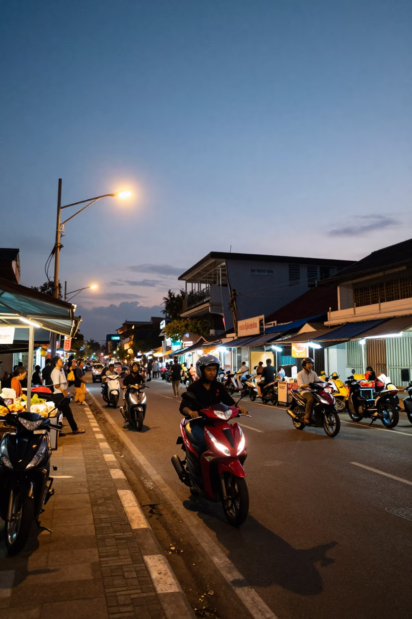 Denpasar Indonesia street scene at dusk with motorbikes and glowing shop lights in in Denpasar, Indonesia