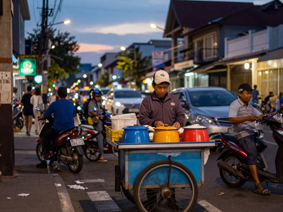 Denpasar Indonesia street scene at dusk with vendor and colorful enamelware in in Denpasar, Indonesia