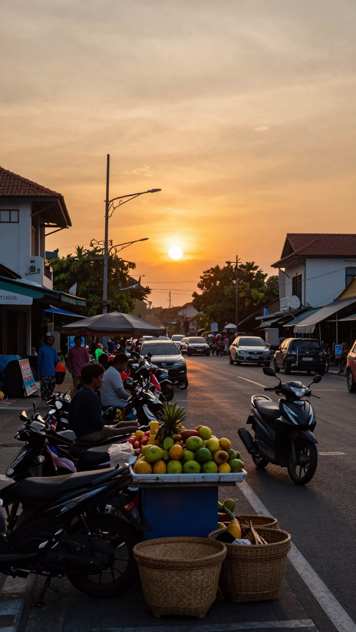 Denpasar Indonesia Street Scene at Sunset with Local Vendors and Traffic in in Denpasar, Indonesia