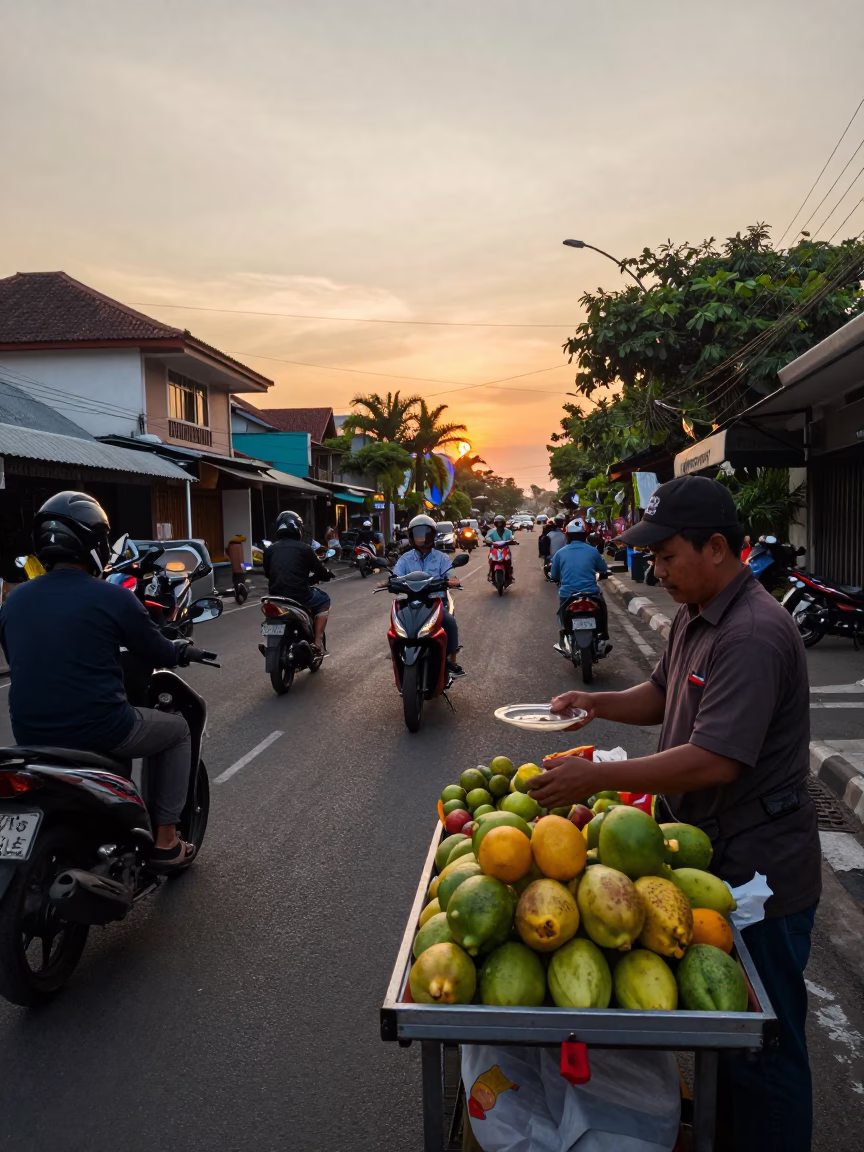 Denpasar Indonesia street scene at sunset with motorbikes and local architecture in in Denpasar, Indonesia