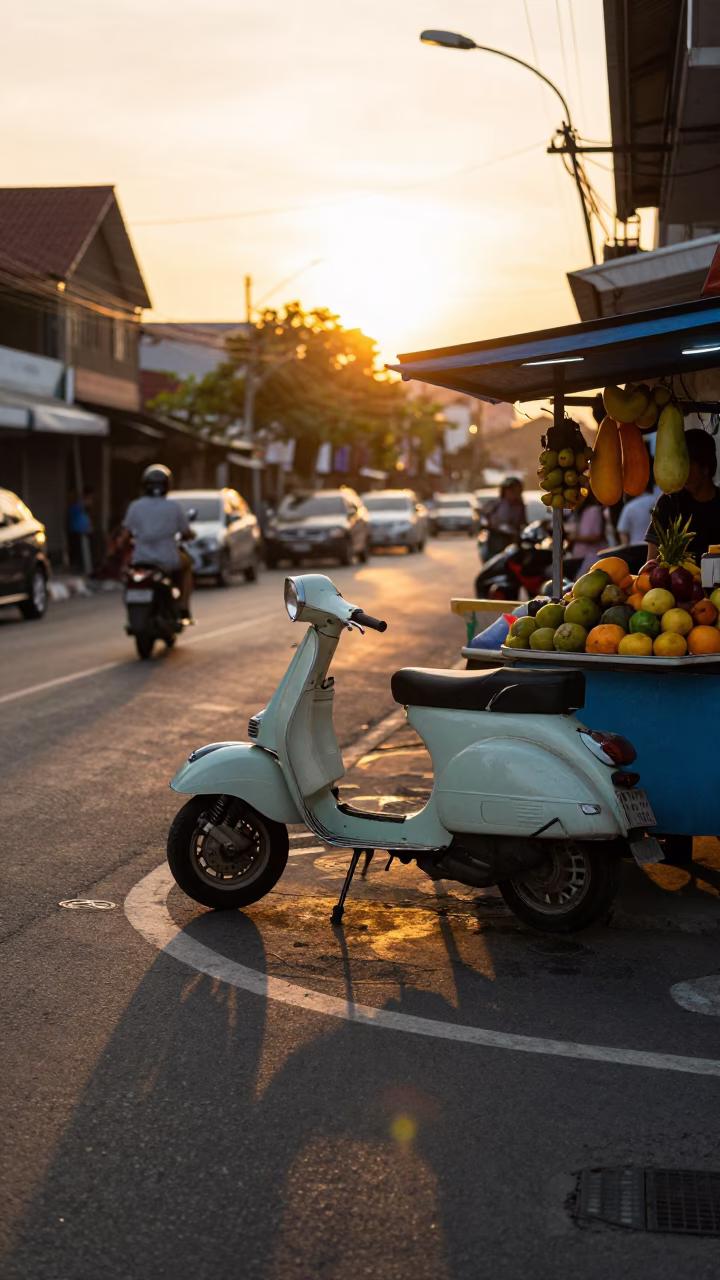 Denpasar Indonesia street scene at sunset with vintage Vespa and local life in in Denpasar, Indonesia