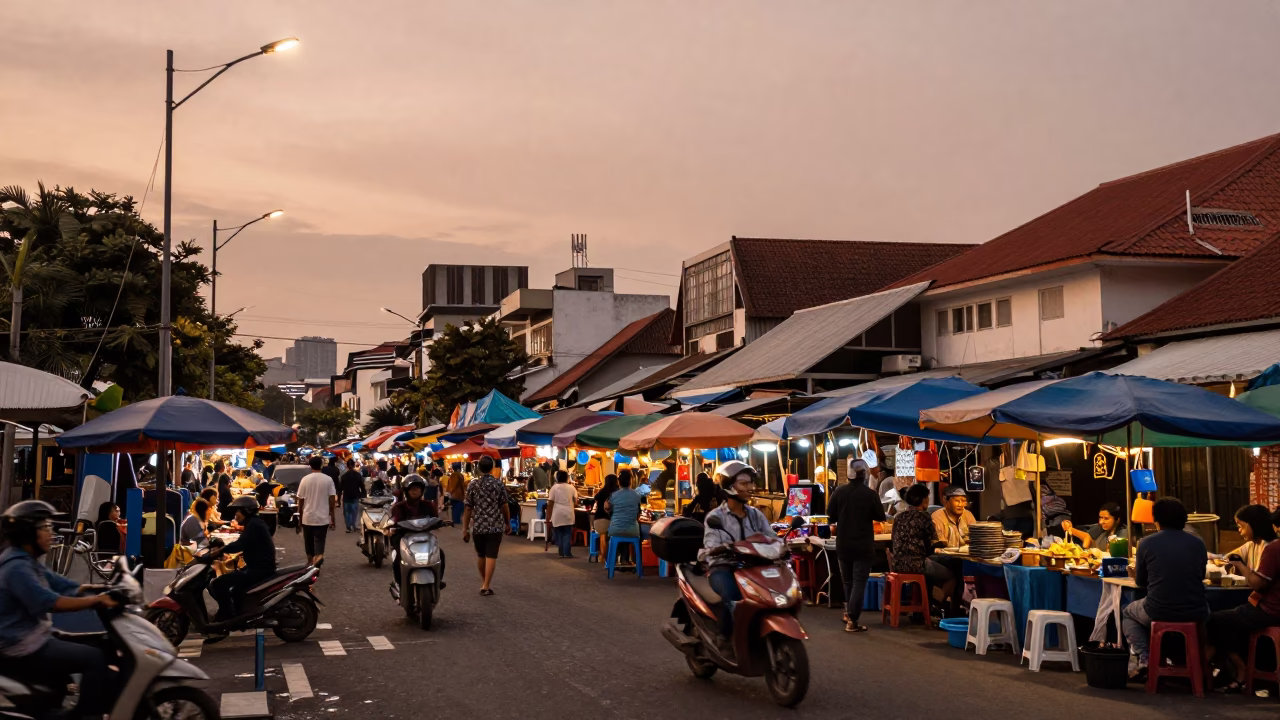 Denpasar Indonesia Street Scene Before Dusk with Local Market Activity in in Denpasar, Indonesia
