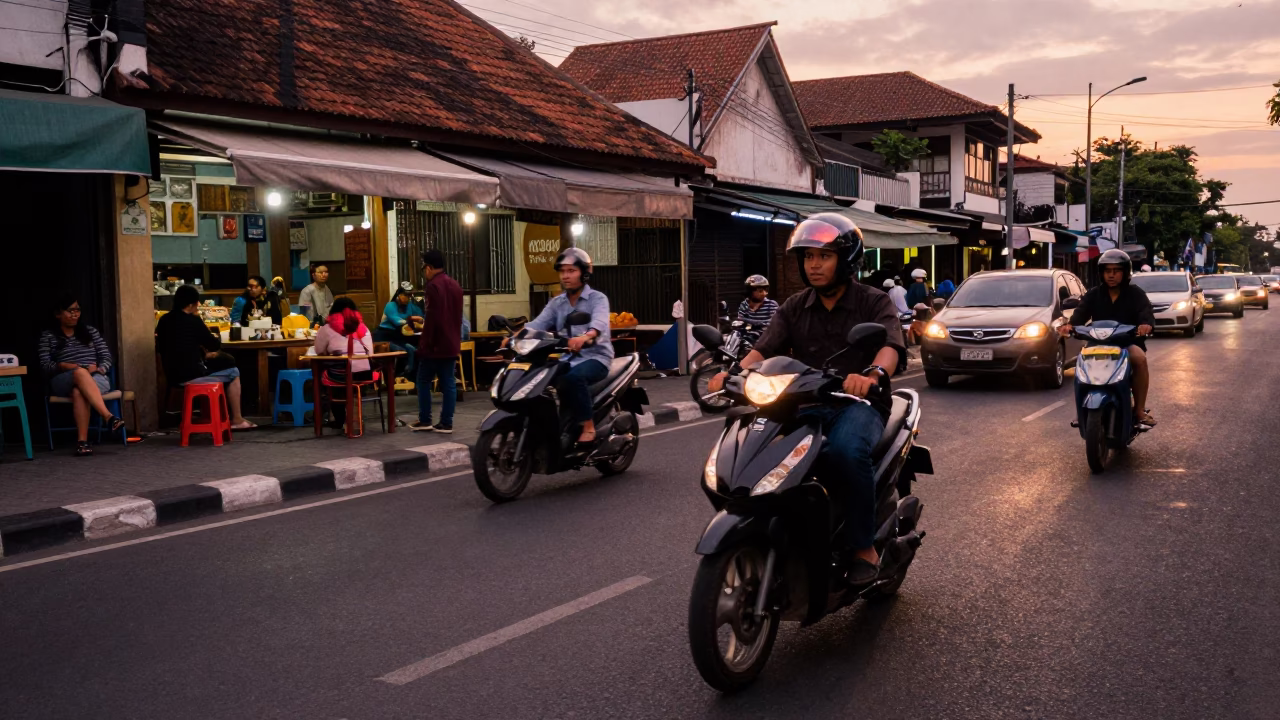 Denpasar Indonesia street scene before dusk with motorbike and local market activity in in Denpasar, Indonesia