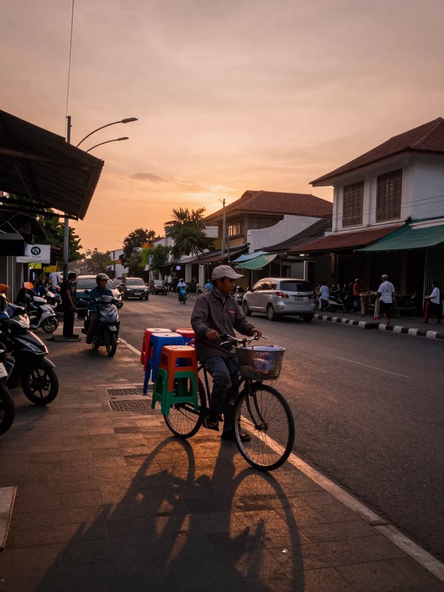Denpasar Indonesia street scene before dusk with vendor and bicycle in in Denpasar, Indonesia