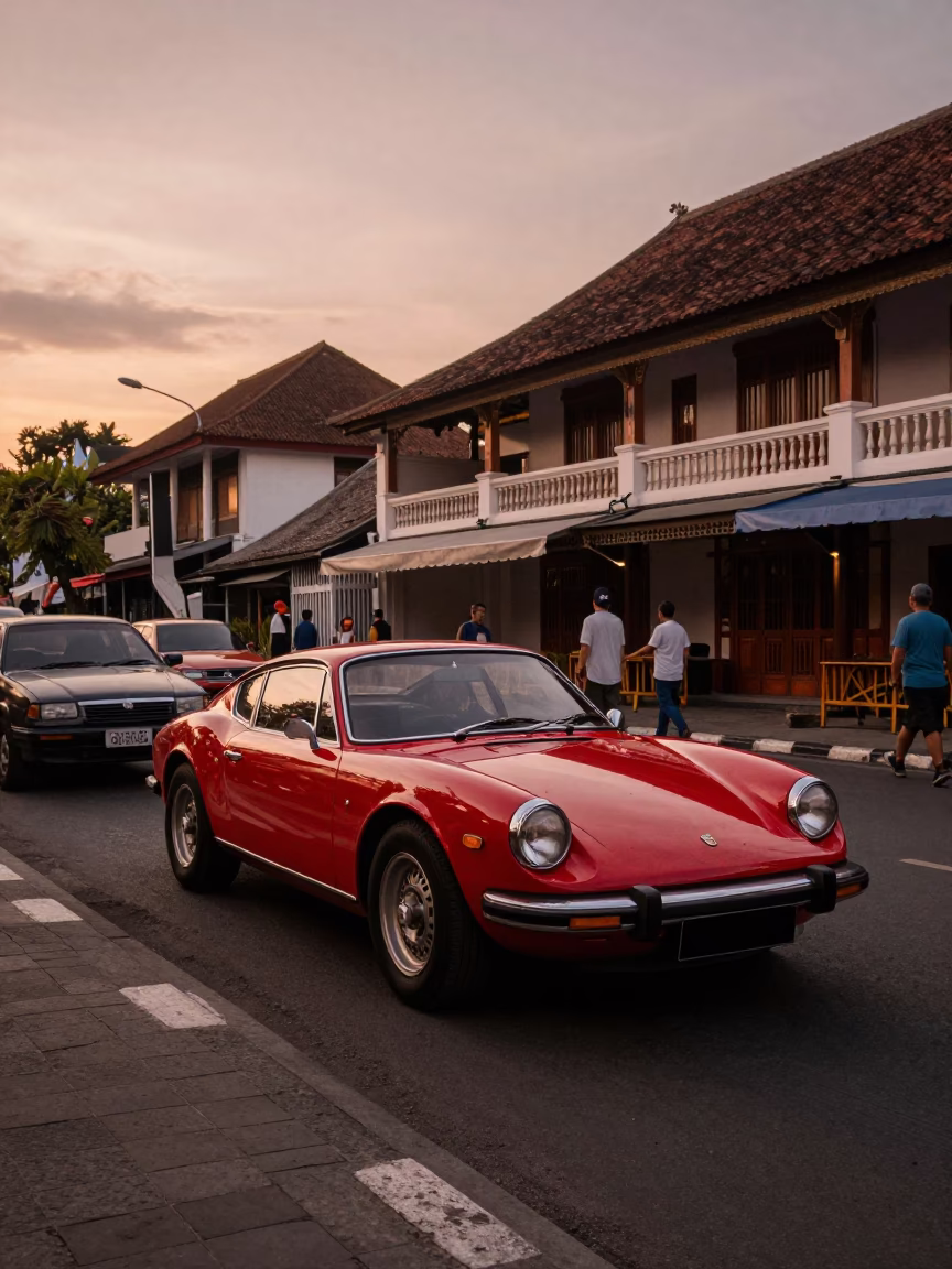 Denpasar Indonesia street scene before dusk with vintage red sports car and traditional doorframe in in Denpasar, Indonesia