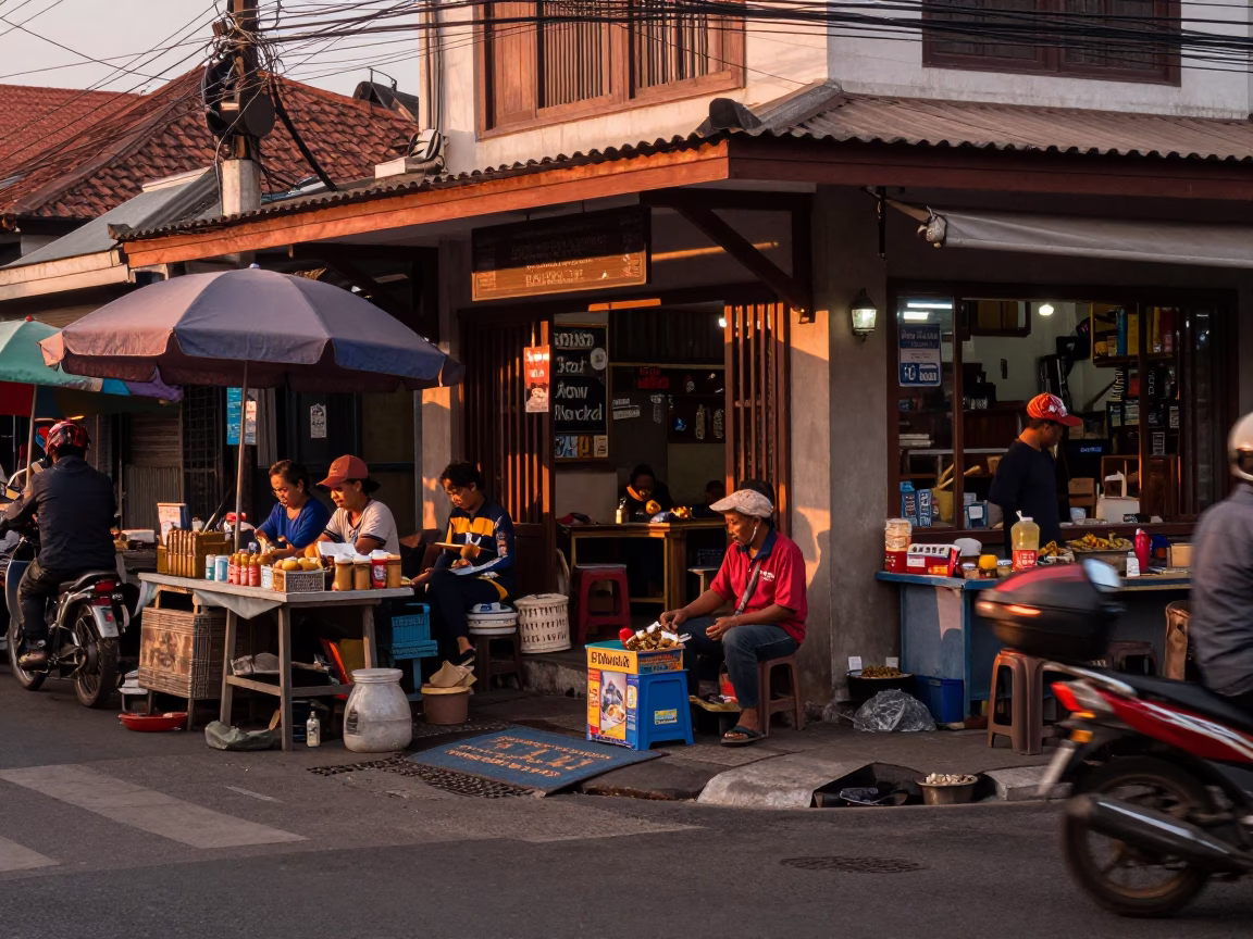 Denpasar Indonesia street scene copper dusk light local market activity in in Denpasar, Indonesia