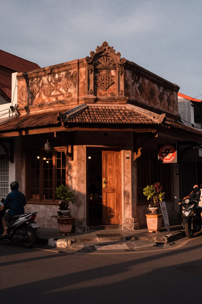 Denpasar Indonesia Street Scene Copper Dusk Light with Wicker Shadow and Local Market Activity in in Denpasar, Indonesia