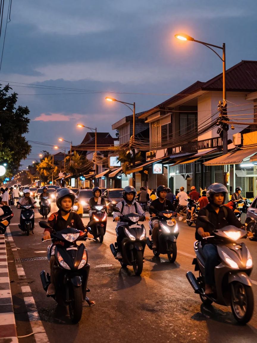 Denpasar Indonesia street scene copper light evening traffic and local commerce in in Denpasar, Indonesia