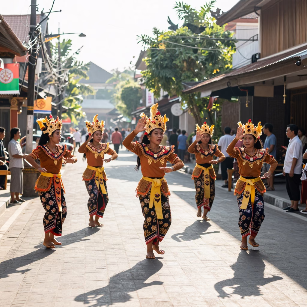 Denpasar Indonesia street scene midmorning light with traditional Balinese folk dance performance in in Denpasar, Indonesia