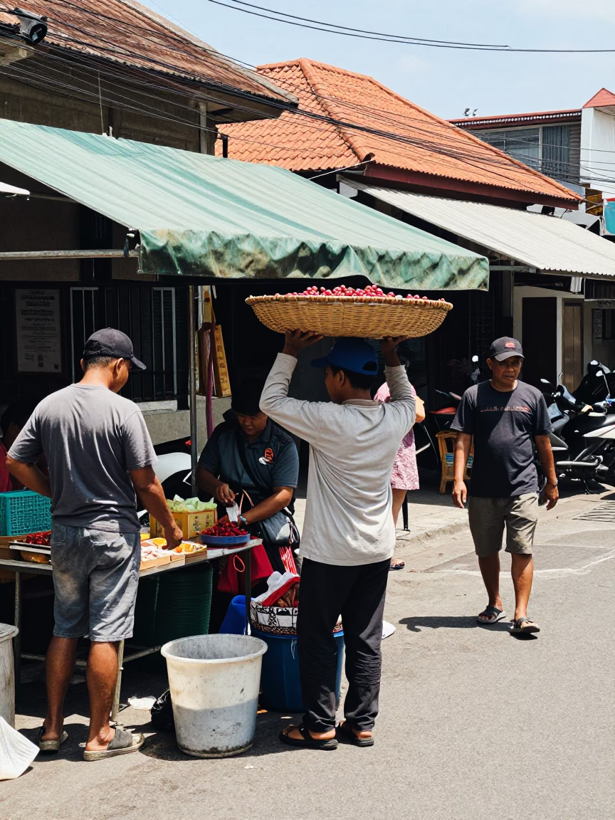 Denpasar Indonesia street scene under noon glare with berry vendor in in Denpasar, Indonesia