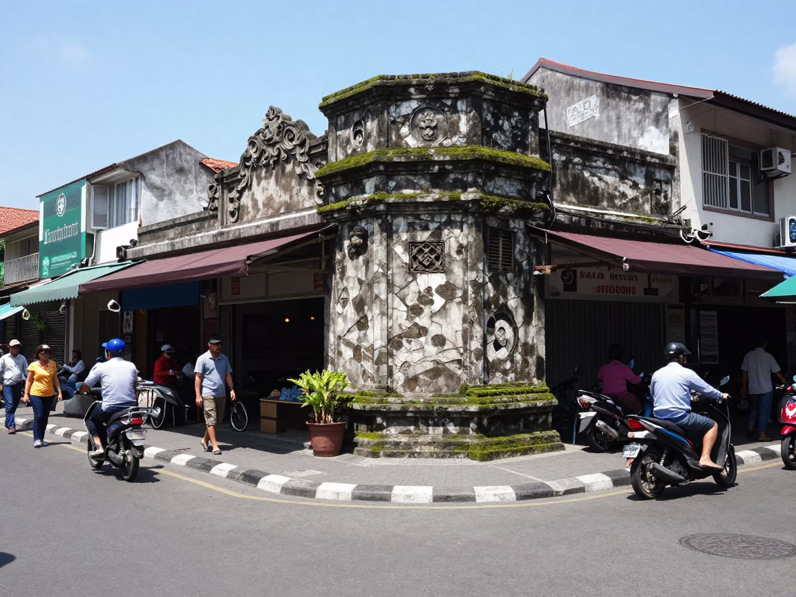 Denpasar Indonesia street scene under noon glare with moss stone wall and local commerce in in Denpasar, Indonesia