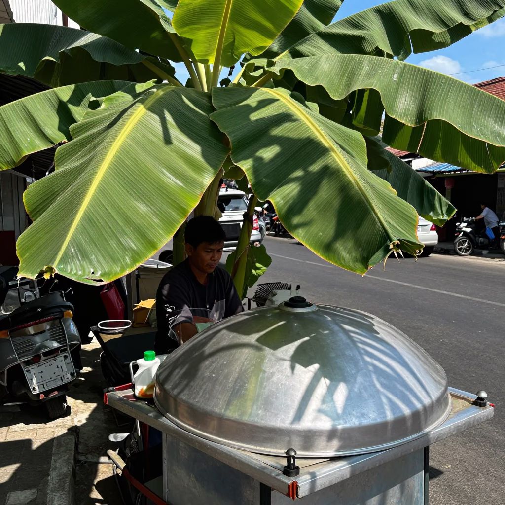 Denpasar Indonesia street scene with banana leaf shadows on metal surface in in Denpasar, Indonesia