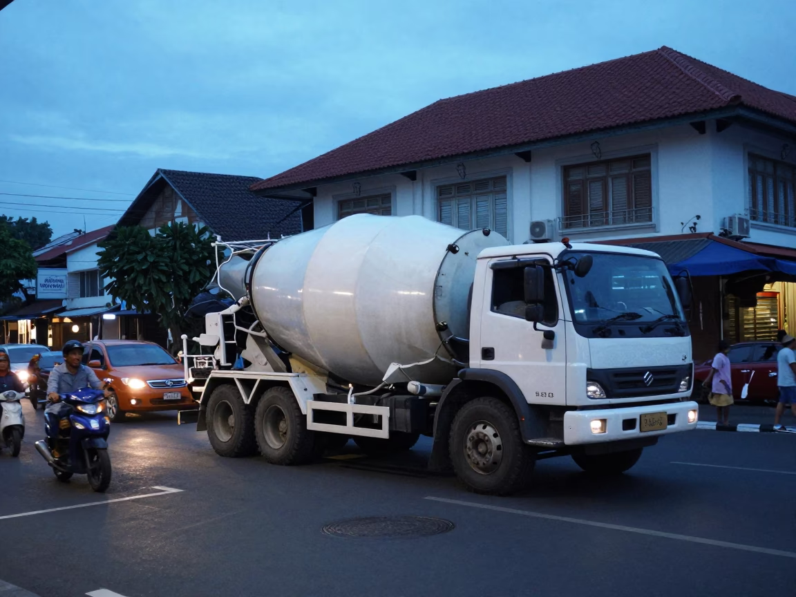 Denpasar Indonesia street scene with cement mixer at dusk in in Denpasar, Indonesia