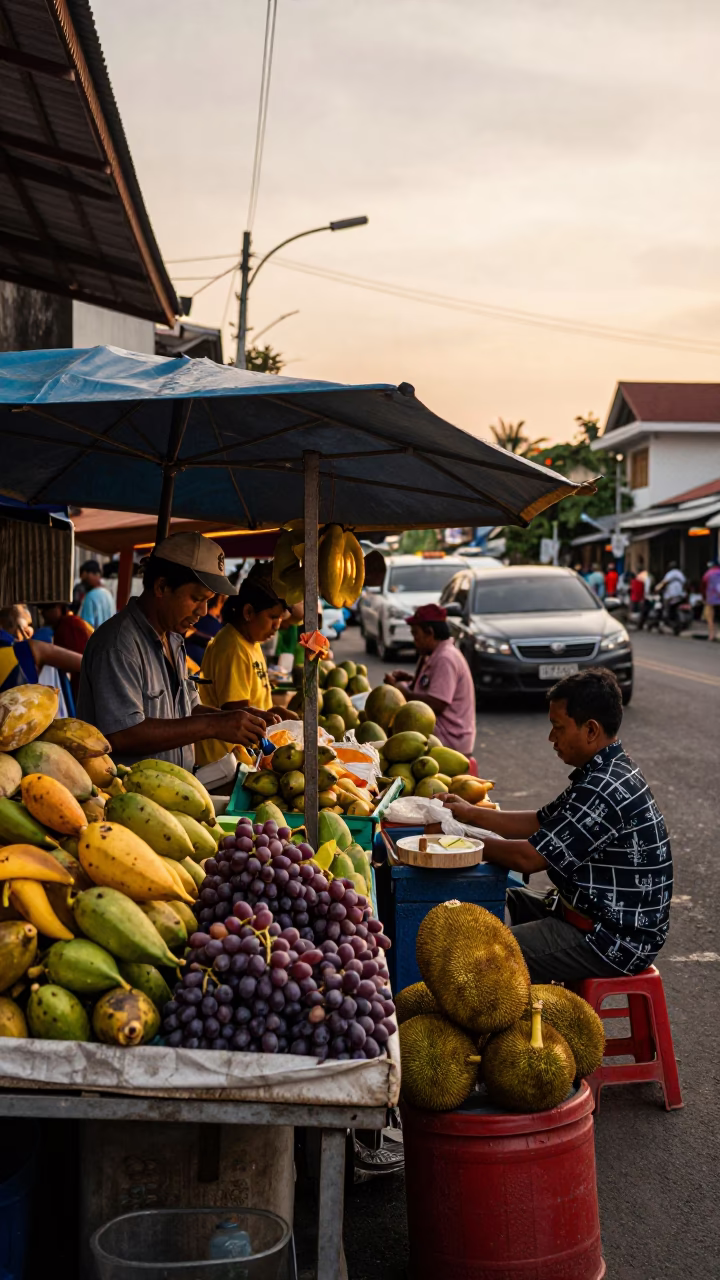 Denpasar Indonesia street scene with tropical fruit vendors under warm evening light in in Denpasar, Indonesia