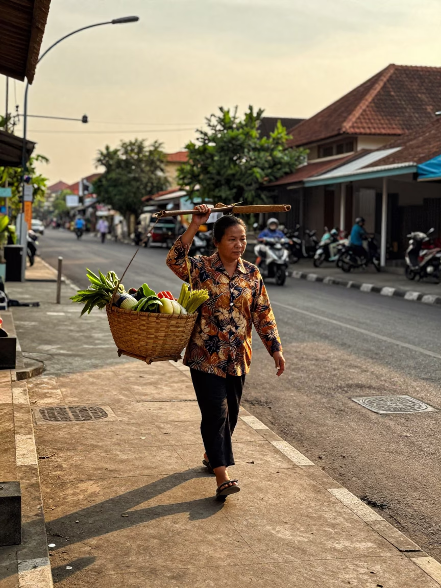 Denpasar Indonesia street scene with woman carrying woven basket in evening light in in Denpasar, Indonesia