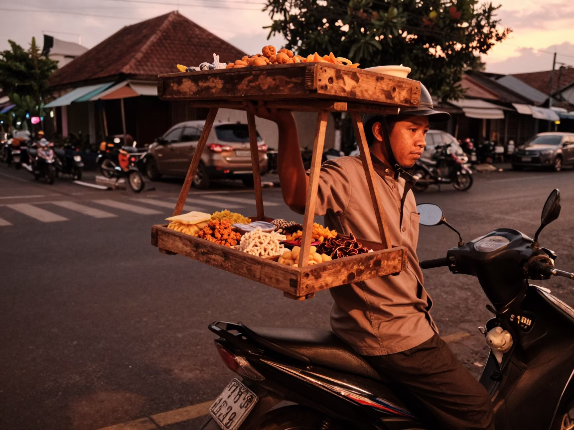 Denpasar Indonesia street scene with wooden tray and copper-toned dusk light in in Denpasar, Indonesia