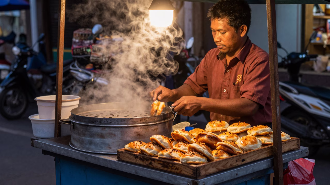 Denpasar Indonesia street vendor preparing traditional Balinese snacks in warm copper-toned dusk light in in Denpasar, Indonesia