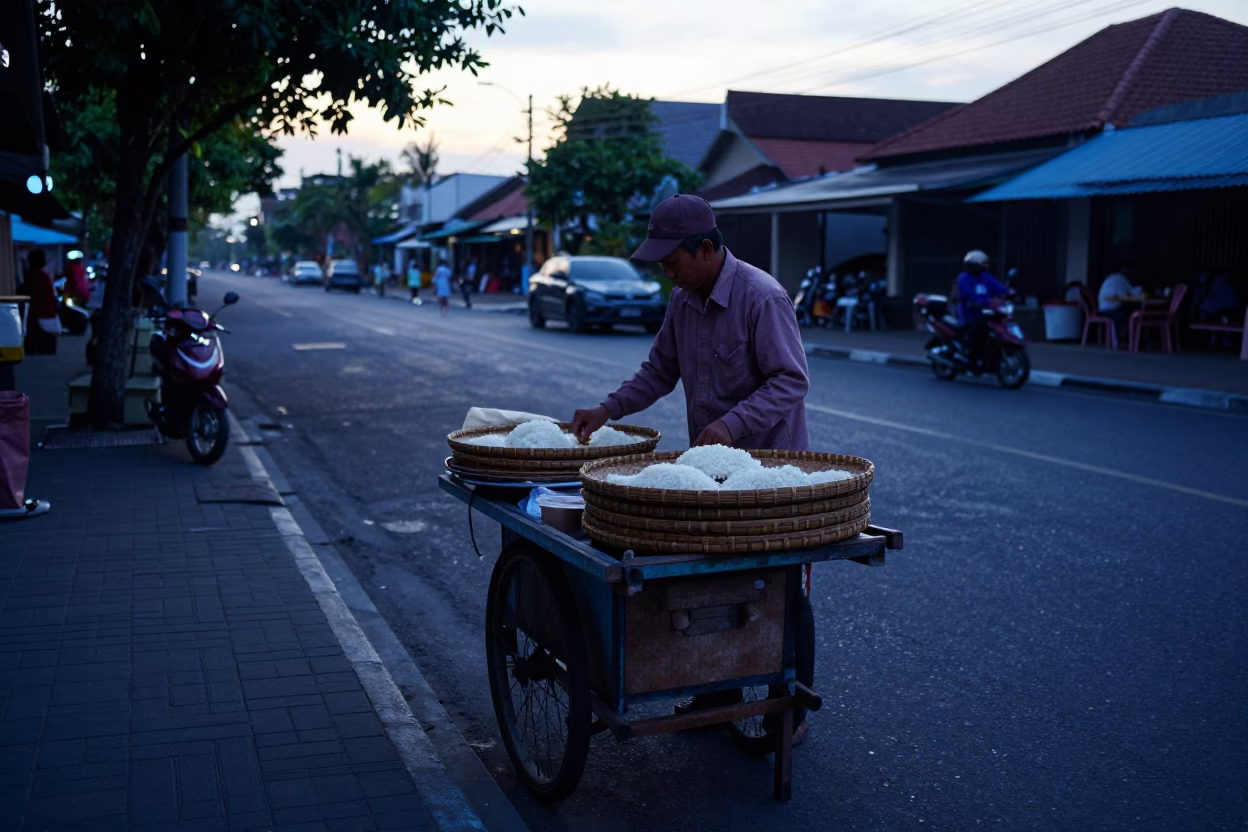 Denpasar Indonesia street vendor preparing traditional breakfast before sunrise with fresh frangipani in in Denpasar, Indonesia