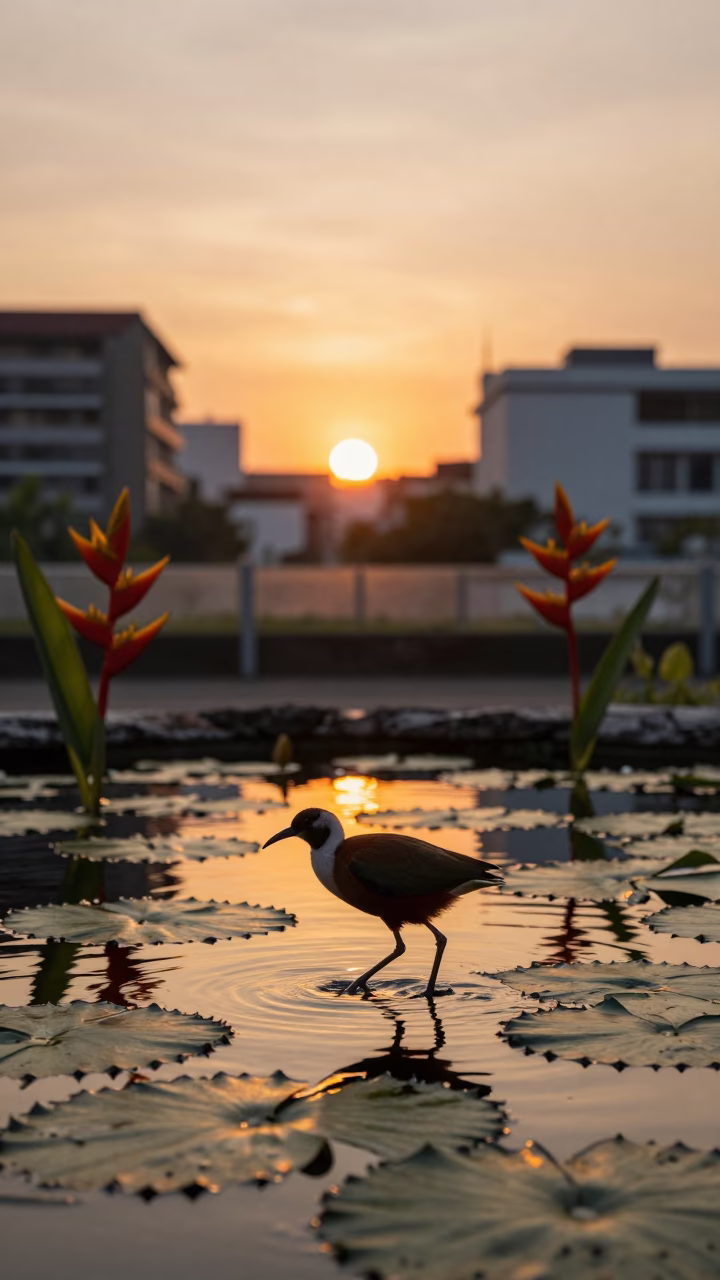 Denpasar Indonesia Sunset Heliconia Flowers and Jacana Bird in Urban Wetland in in Denpasar, Indonesia