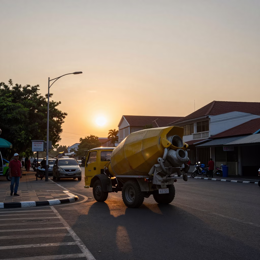 Denpasar Indonesia Sunset Street Scene with Cement Mixer and Local Traffic in in Denpasar, Indonesia