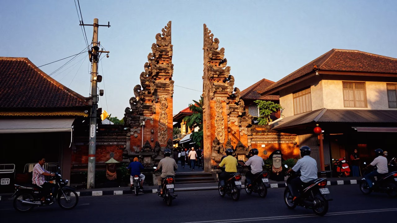 Denpasar Indonesia Sunset Street Scene with Traditional Balinese Architecture and Local Market Activity in in Denpasar, Indonesia