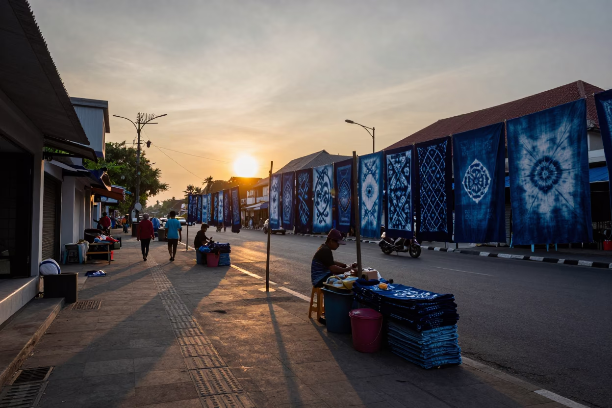 Denpasar Indonesia Twilight Street Scene with Indigo Fabric Drying and Coastal Horizon in in Denpasar, Indonesia