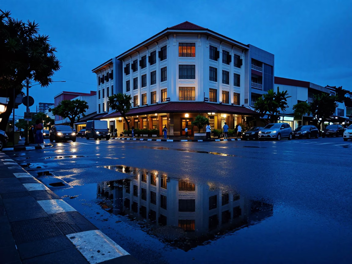 Denpasar Indonesia Twilight Street Scene with Wet Puddle Reflections of Hotel Lights in in Denpasar, Indonesia