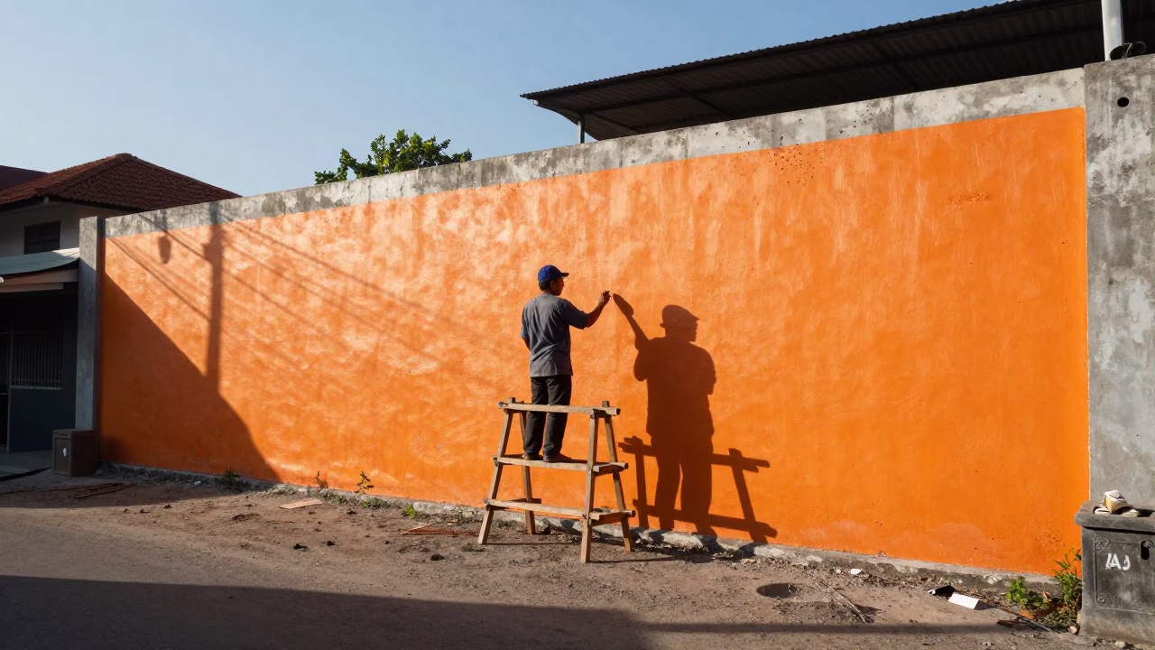 Denpasar Street Artist Painting Mural in Clear Late Afternoon Light in in Denpasar, Indonesia