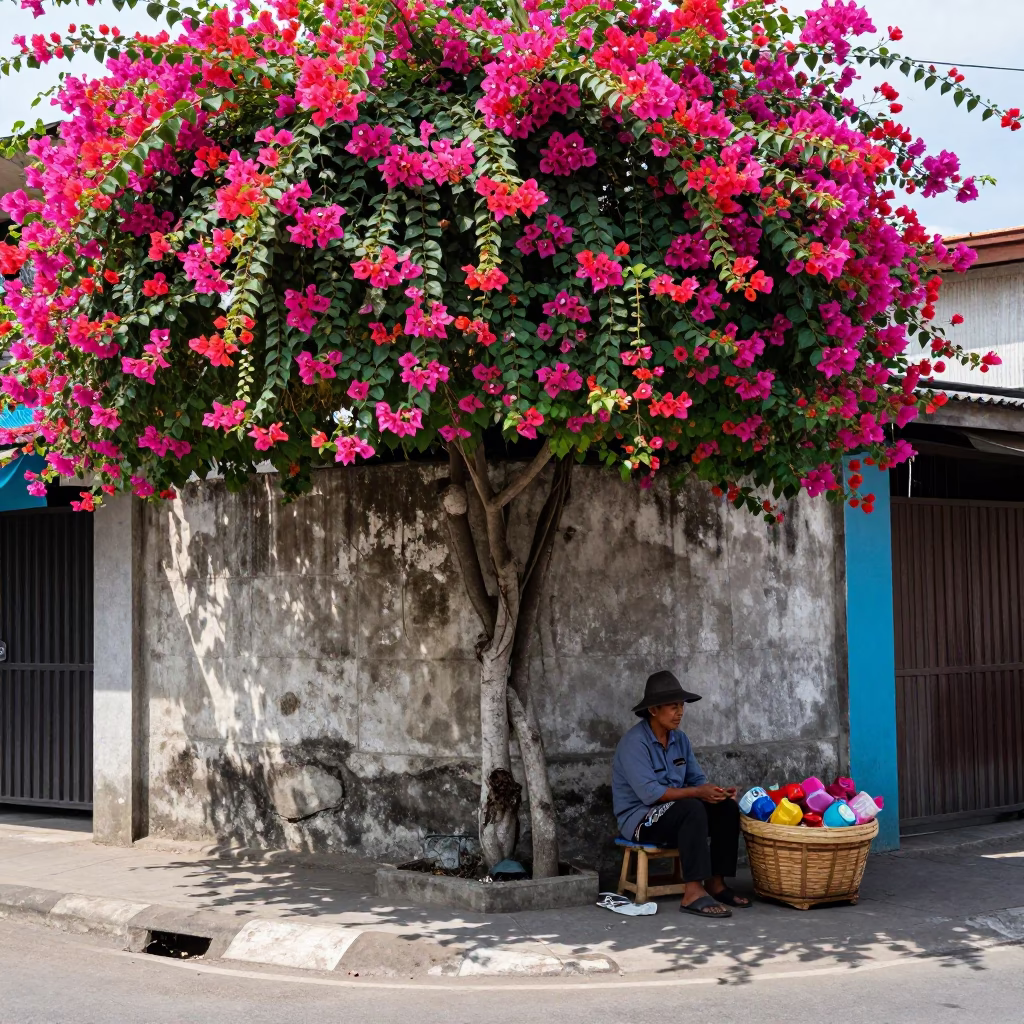 Denpasar street corner with vibrant bougainvillea and daily life details in in Denpasar, Indonesia