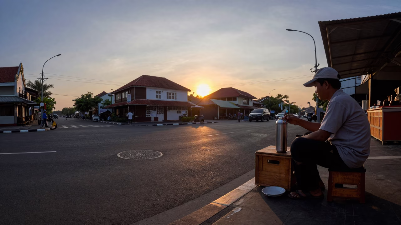 Denpasar street scene at sunset with thermos and saucer on wooden crate in in Denpasar, Indonesia