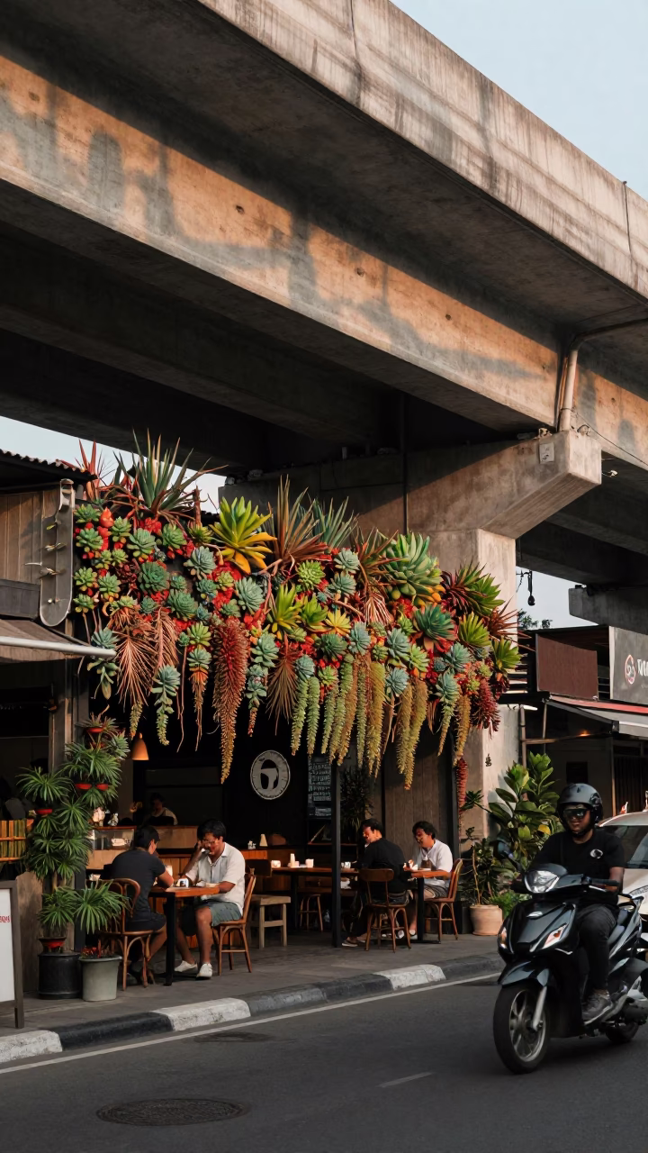 Denpasar street scene with succulent living wall and shaded flyover under copper dusk light in in Denpasar, Indonesia