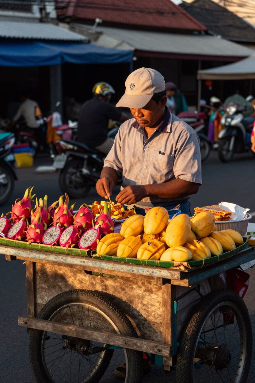 Denpasar Street Vendor Preparing Fresh Fruit Snacks in Honeyed Evening Light in in Denpasar, Indonesia