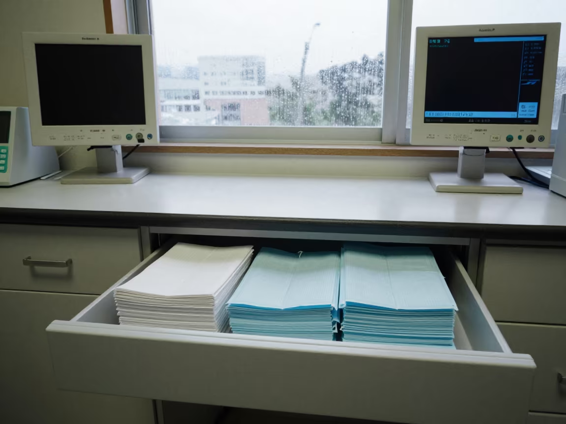 Dental Bib Drawer Nurse Station Busan in at a nurse station under monitor glow in Busan