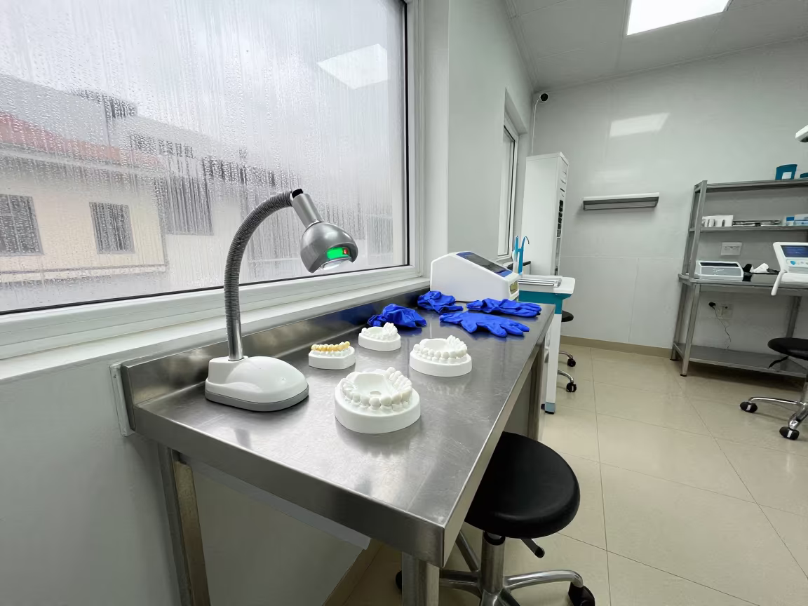 Dental Lab Bench with Molds and Curing Lamp in in a surgical prep area near Matola