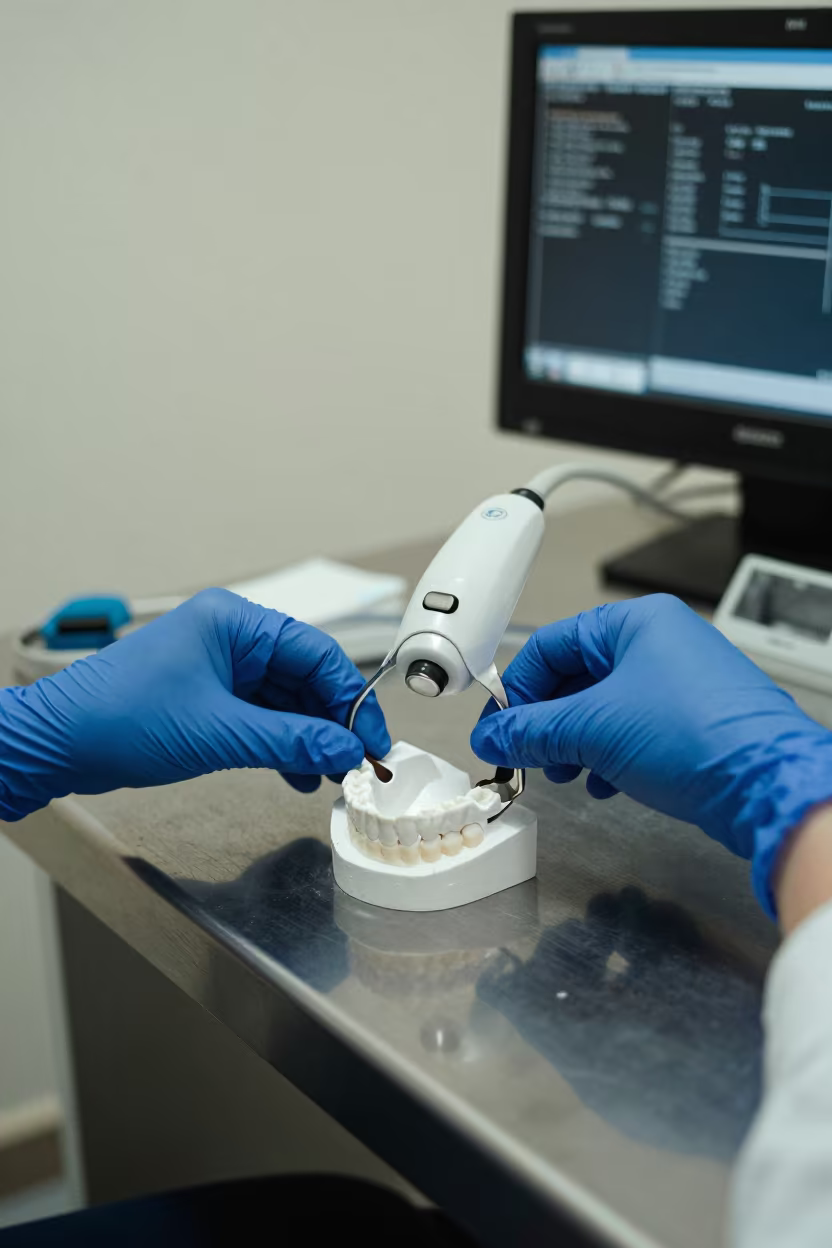 Dental Lab Bench with Molds in Khemisset in at a nurse station under monitor glow in Khemisset