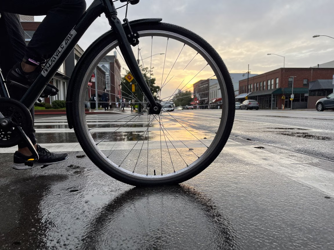 Dented Metal Rim and Wet Pavement in Rainy Nashville Morning Light in in Nashville, Tennessee, United States