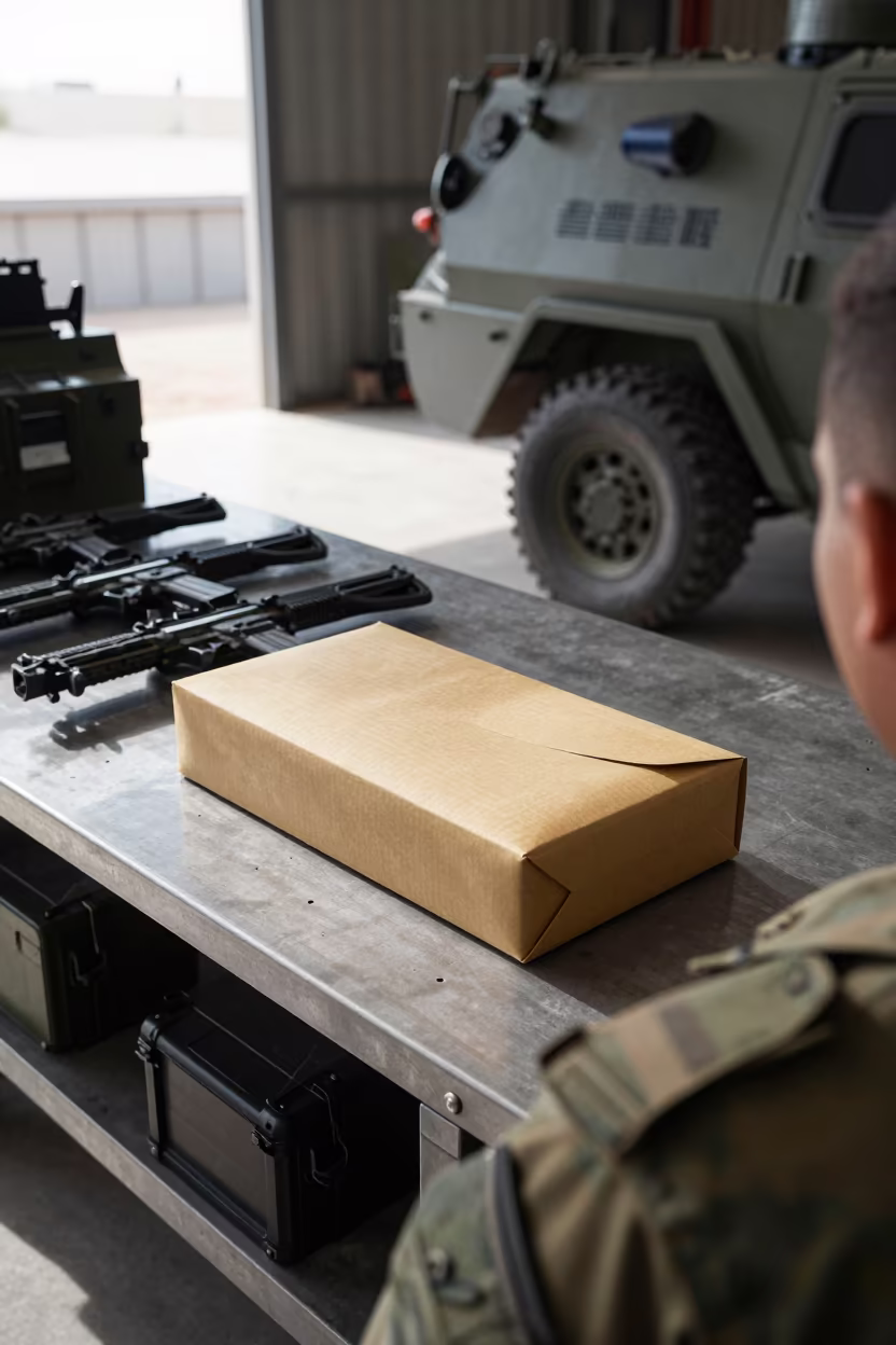 Deployment Packet in Oman Armored Bay in in an armored vehicle bay in Oman