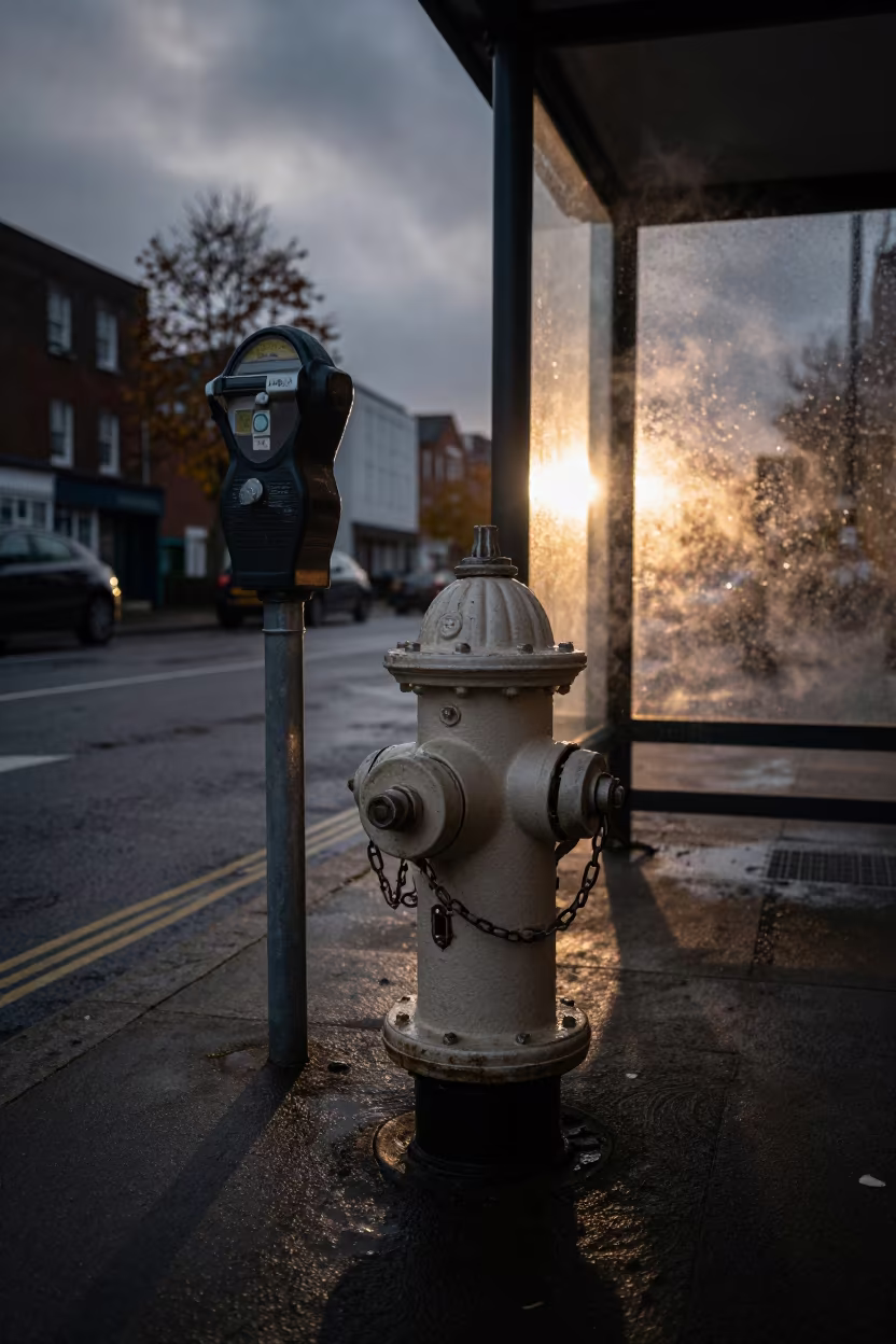 Rainy Derby Hydrant Chained to Meter in beside a steamed-up bus shelter in Derby