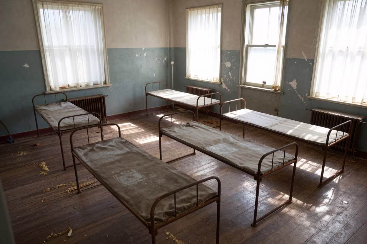 Derelict Alexandria School Woodshop Dorm Beds in in a woodshop classroom in Alexandria