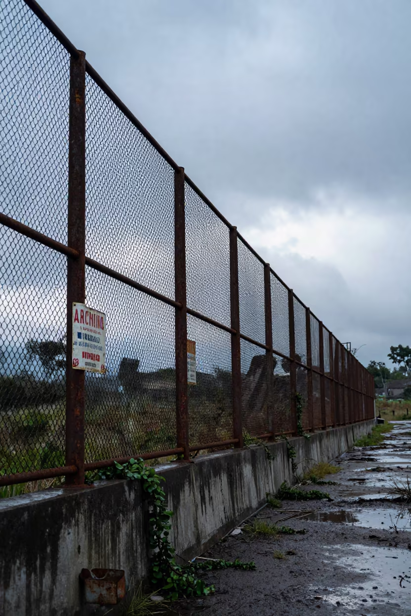 Derelict Asbestos Mine Warning Signs Dawn Light in near Roma, Mexico City