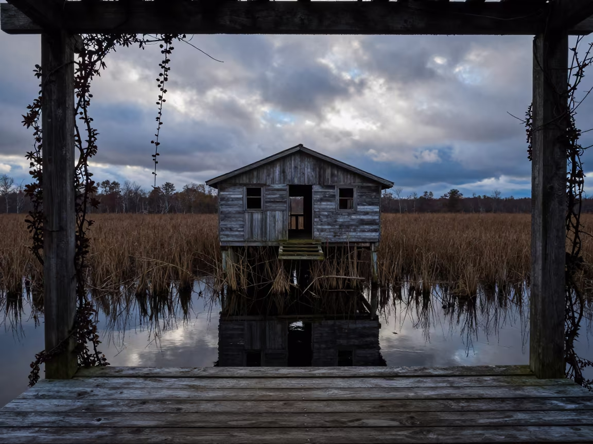 Derelict Boathouse Rising from Maryland Marsh Reeds in along a vine-choked corridor in Maryland