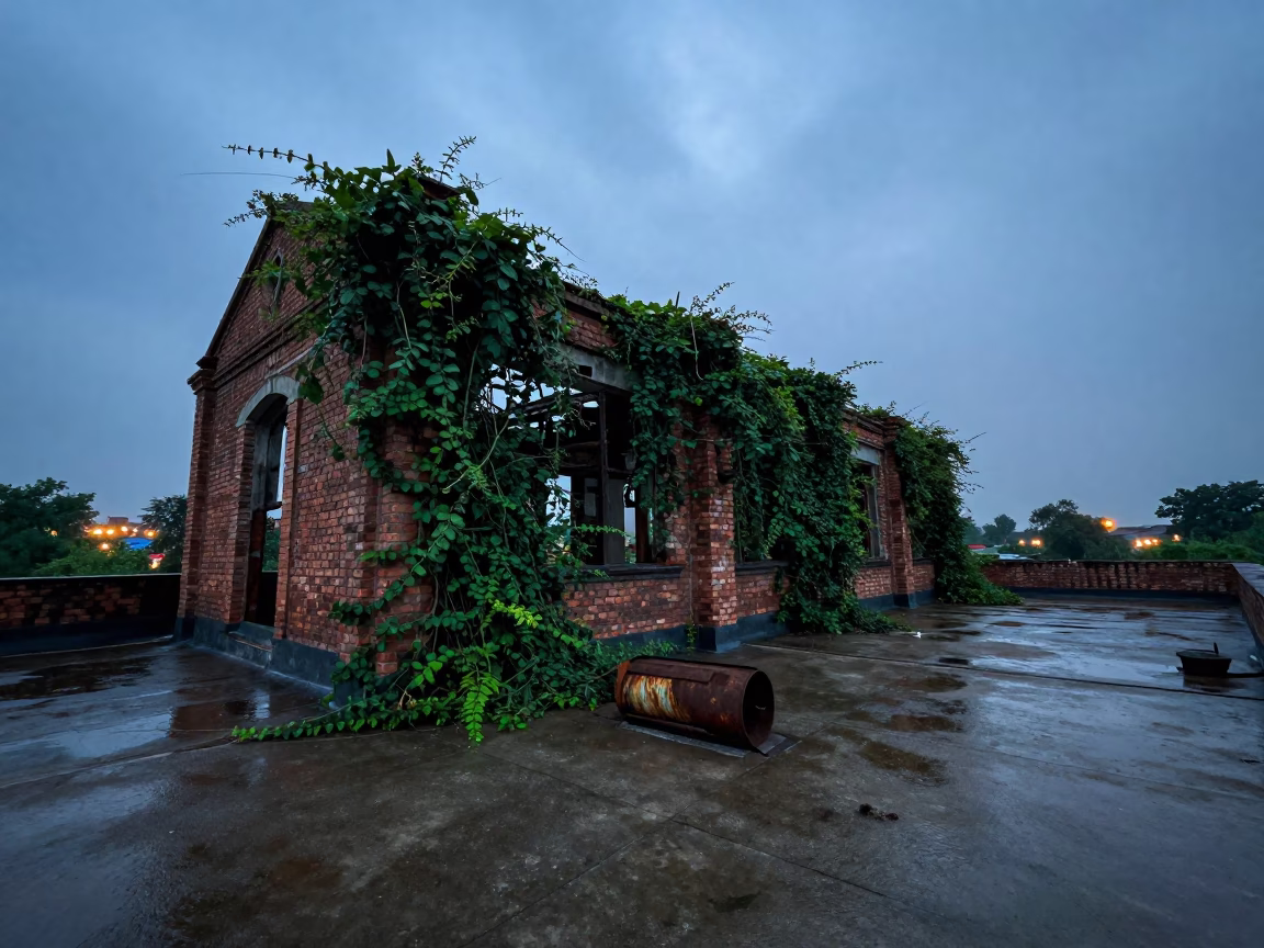 Derelict Boiler Room Under Bramble at Blue Hour in inside a roofless nave near Indore