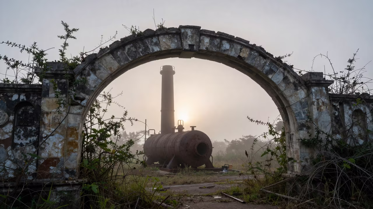 Derelict Boiler Room Under Stone Arch in Venezuela in beneath a broken stone arch in Venezuela