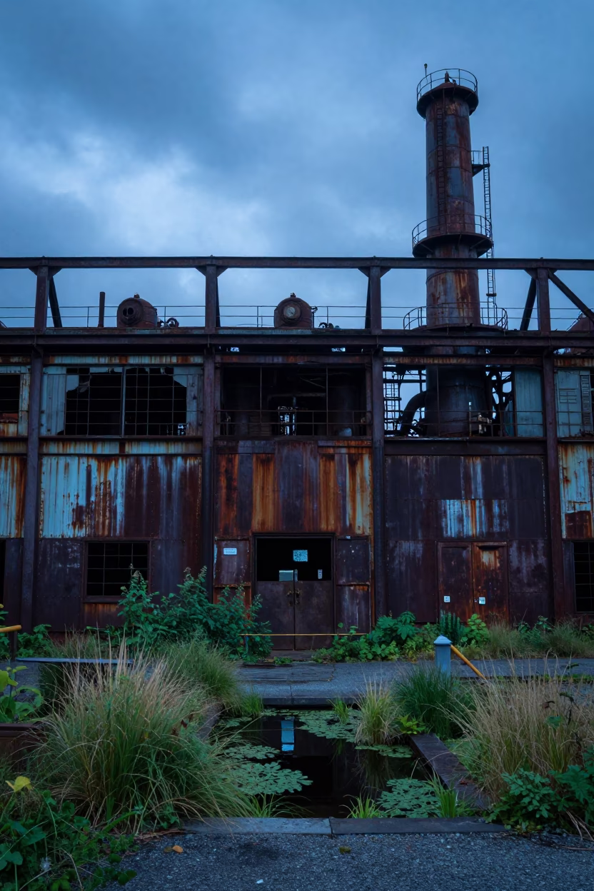 Derelict Boiler Room Twilight Reclaimed by Grasses in through a courtyard reclaimed by grasses near Gastown, Vancouver