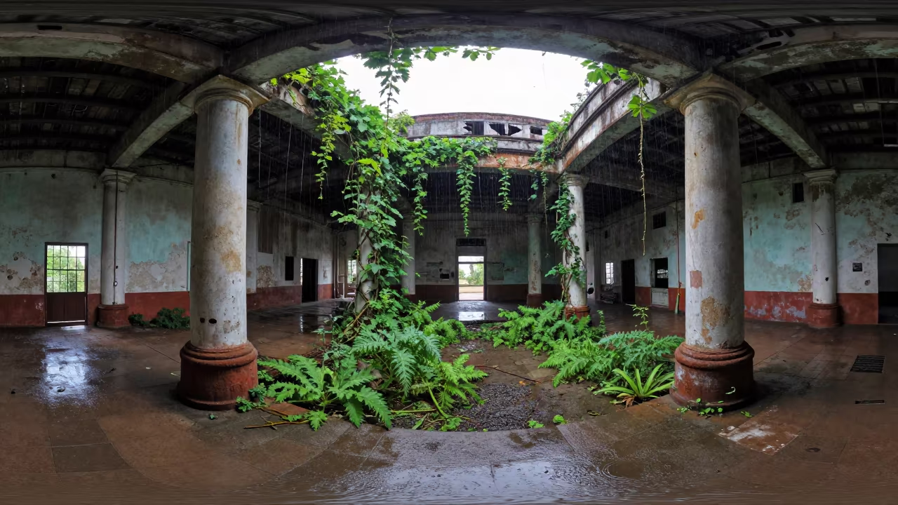 Derelict Boiler Room Under Vines in Cuba in among toppled columns and nettles in Cuba