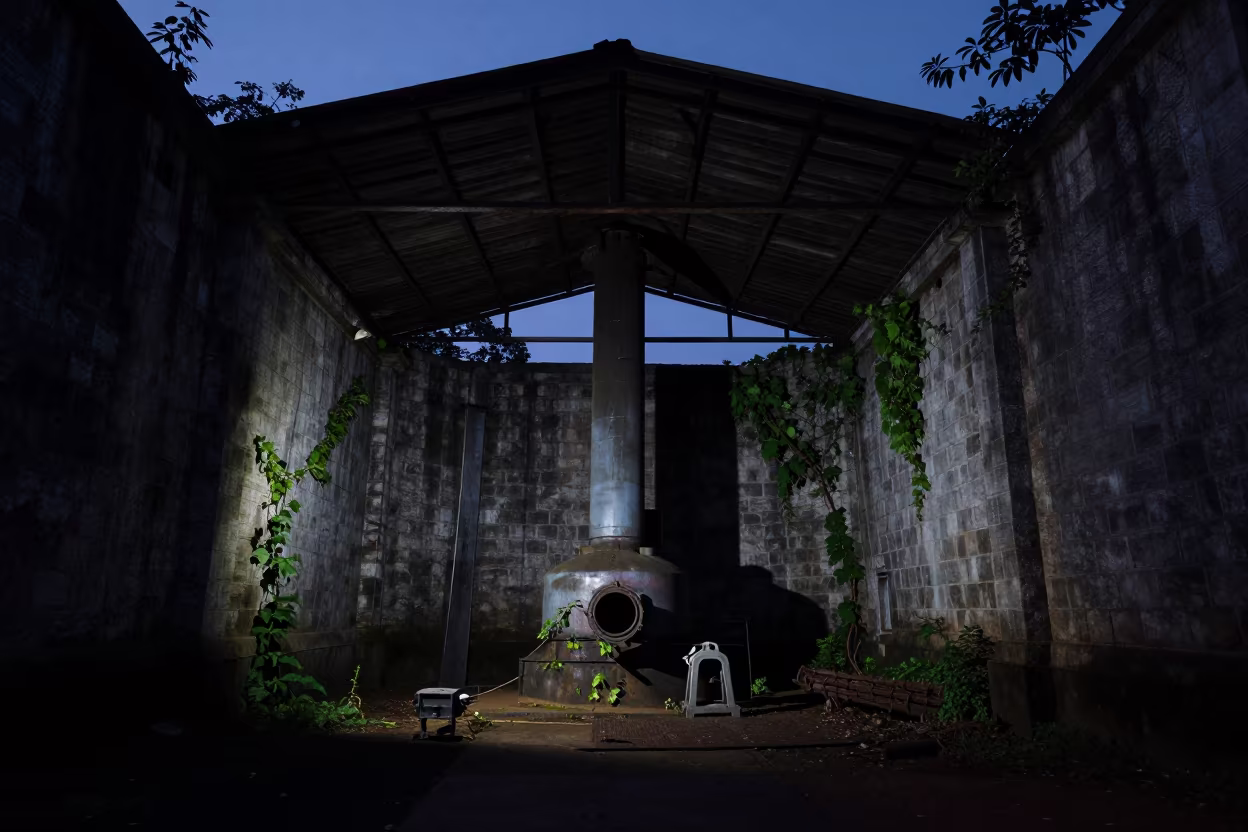 Derelict Boiler Silhouette in Predawn Sri Lanka Ruin in inside a roofless nave in Sri Lanka