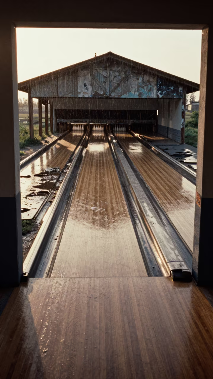 Derelict Bowling Alley Ruins in Kazakhstan Monsoon in inside a roofless nave in Kazakhstan